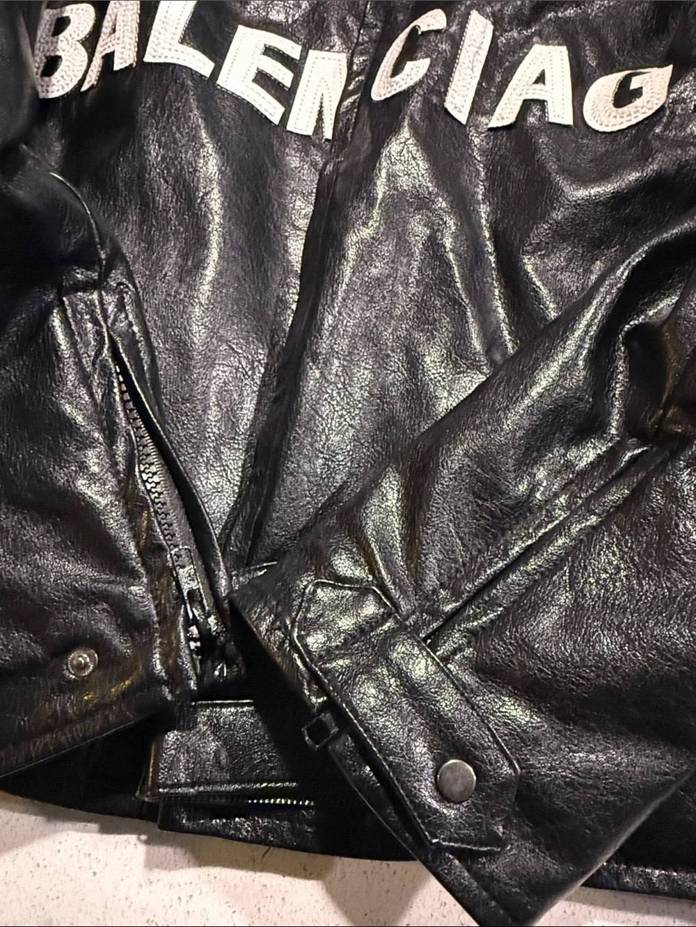 Rich Boy$ - Balenciaga Black Leather Bomber Jacket with White Logo
